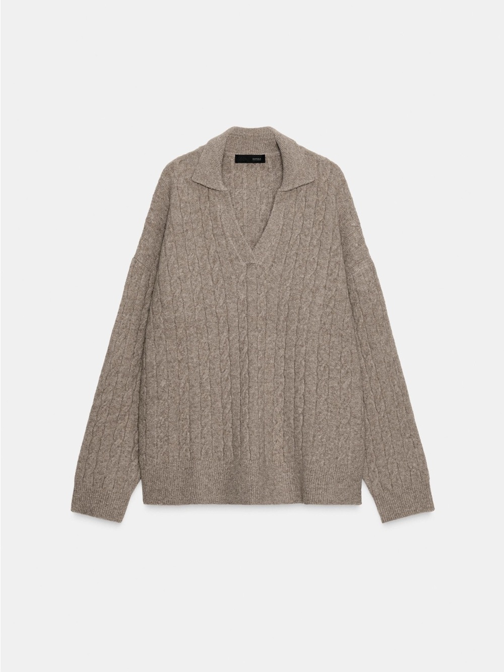 Zara Taupe Cable-Knit V-Neck Sweater